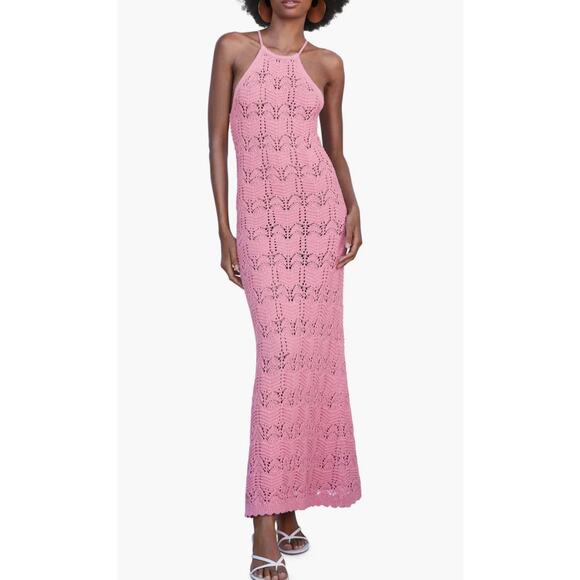 MANGO NWT Open Crochet Knit Halter Neck Pink Maxi Dress Size 8 - Picture 2 of 10